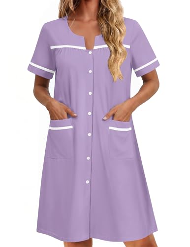 Ekouaer Nightgowns for Women Cotton House Dress with Pockets Button Duster