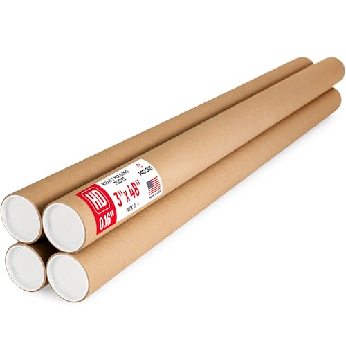 Paclord 3" x 48" Heavy-Duty Reinforced Cardboard Mailing Tube, Pack of 4 Tubes with 8 Caps – Secure USPS Approved – Great for Shipping and Storing of Prints, Artwork, Posters or Documents