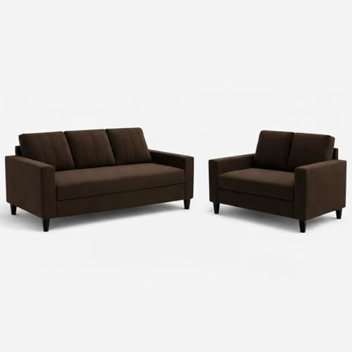 Image of Hendrick Plush Velvet 3 Seater + 2 Seater Sofa Set | Silken Velvet Suede Upholstery | Designer Sofa Set for Living Room & Office Spaces (Dark Brown)