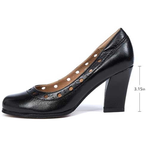 Mona flying Women's Leather Closed Round Toe 3 inch Chunky High Heel Pumps Office Work Dress Shoes for Ladies2