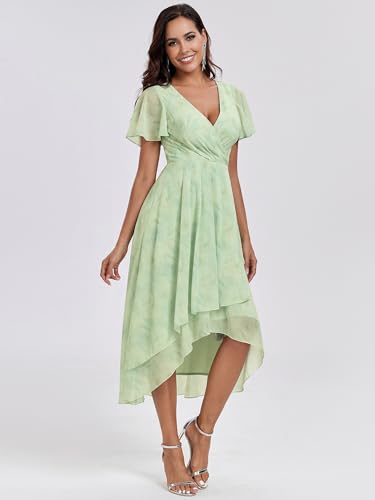 Ever-Pretty Women's Chiffon V-Neck Short Wedding Guest Dress with Ruffled Sleeves Light Green Roses 20UK - Image 5