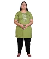 COMFYTOWN Women's Plus Size Cotton Blend Co-Ord Set Half Sleeve Printed Round Neck | Night Dress,Night Suit, Daily Use Top and Pyjama Set Top Color : Mehandi | Bottom Color : Black