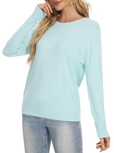 Image of Betu Women's Long Sleeve Ribbed Sweaters Cyan Crewneck Embroidered Slim Fit Knit Pullover Tops, 511 XL