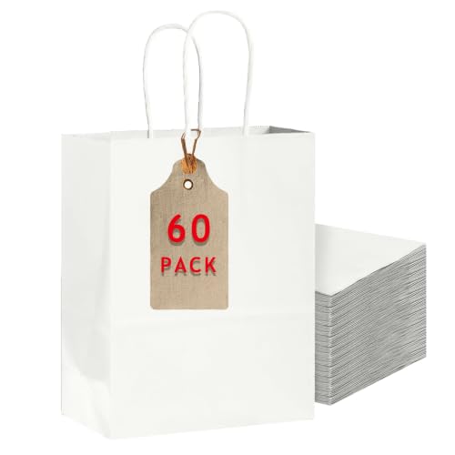 Bakepacker 60-Pack Large Size Gift Paper Bags with Handles Bulk 13"x10.3"x4.6" White Party Kraft Shopping Bags