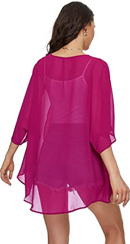 Image of Indian Trendy Women's Solid Puff Sleeve Kimono Cardigan Loose Cover Up Casual Blouse Top Chiffon