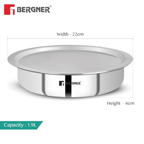 Image of Bergner Argent TriPly Stainless Steel 22 cm Lagdi with Stainless Steel Lid, 1.9 L Saute Pan with Lid, Food Safe, Durable, Dishwasher Safe, Induction and Gas Ready, 5-Year Warranty
