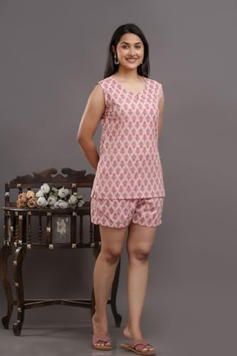 Image of Women's Cotton Printed Night Suit Set of Top & Shorts Sleeveless Women's Lounge Wear Set