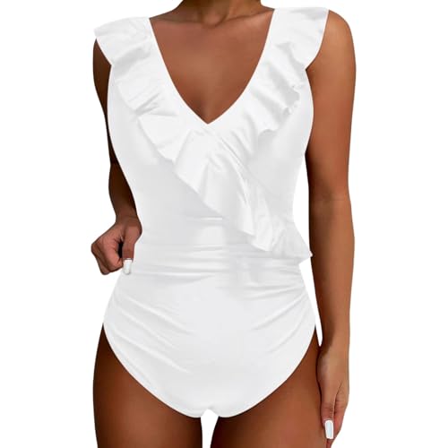 Women's Summer Fashion Suspender Waist Hollow One Swimsuit Solid Color Sexy Bikini Swimsuit (White, XXL)