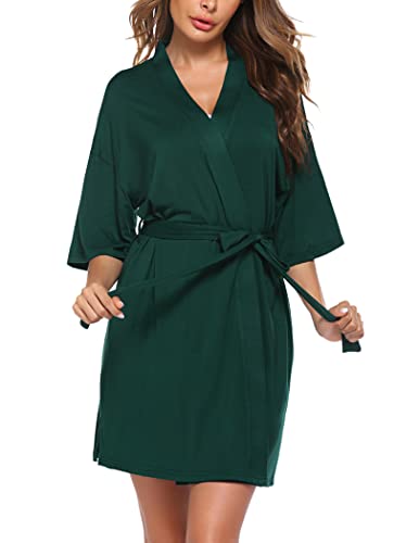 Adome Womens Cotton Robes, Lightweight Robes For Women With 3/4 Sleeves Knit Bathrobe Soft Sleepwear Ladies Loungewear Dark Green S #TOP1