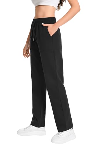 Auriviz Widen Waistband Sweat Pants for Women Exposed Pockets Lounge Sweatpants Straight Leg Pants 29’’ Inseam
