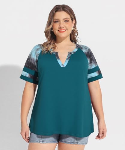 Image of CARCOS Plus Size Tops for Women Short Sleeve Summer Pullover Color Block Crewneck /V Neck Tee Tunic Loose Fit Tshirts XL-5XL