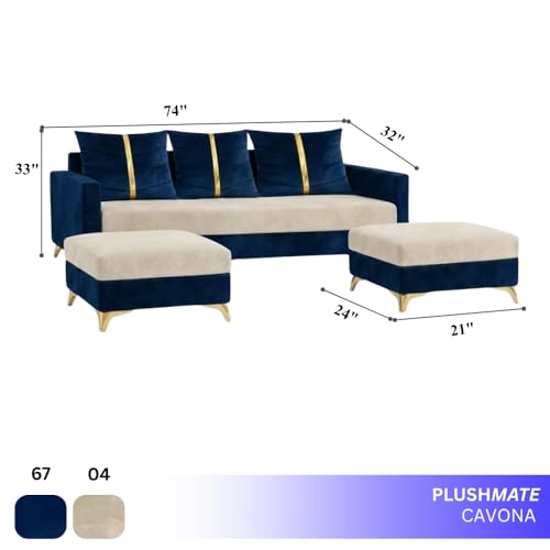 Image of Caviar 5 Seater L Shape Sofa Set with 2 Movable Ottomans | Flexible Layout | Luxury Velvet Suede Fabric | Modern Living Room Sofa | Dark Blue-Cream