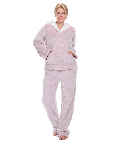 Istylish Womens Fluffy Pajama Sets Fleece Women's Fuzzy Loose Plush Sleepwear 2 Piece Sherpa Loungewear Set (Shimmer Pink M)