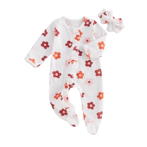 Kutterild Newborn Girl Frills Rompers Crew Neck Long Sleeve Baby Jumpsuits Infant Baby Girl Clothes Bodysuits with Headband (Colorful, 0-3 Months)