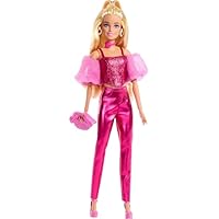 Barbie Deluxe Style Doll #5 in Metallic Pink Outfit, Blonde Hair, Sparkly Corset Top and Shiny Pants with Accessories Like Rose Necklace and Handbag