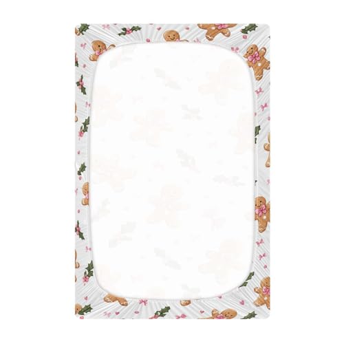 Image of Caikeny Fitted Crib Sheet for Boys Girls Gingerbread Man Pattern with Pink Bows and Holly Leaves Baby Crib Sheets Bassinet Sheets Crib Mattress Bed Sheets for Toddler Newborn Infant 52 X 28 in