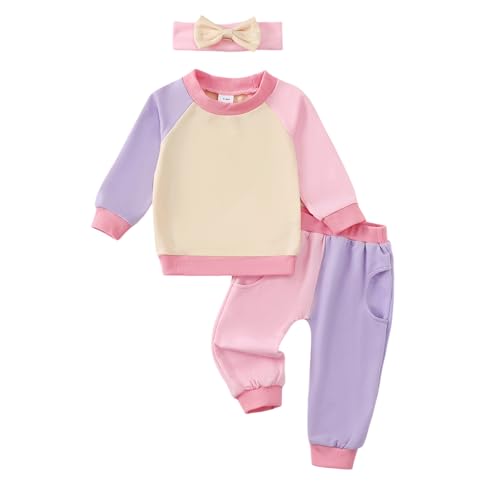 Image of AMAWMW Infant Baby Girl Clothes 12 18 Months Long Sleeve Loose Sweatshirts Pants Headband Fall Winter Spring Outfits Pink