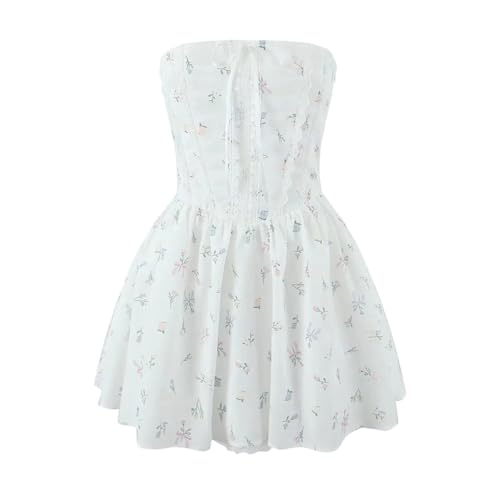 Women Sweet Floral Print Strapless White Bandage Back Summer Party