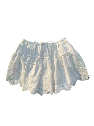 MakeMeChic Women's Eyelet Embroidery Skirt Elastic Waist Ruffle Scallop Summer Mini Skirts