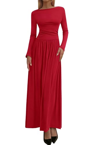 BTFBM Long Sleeve Maxi Dresses for Women 2025 Fall Casual Ruched Boat Neck Flowy Elegant Formal Wedding Guest Dress(Red, Small)