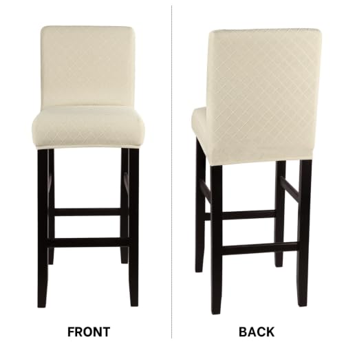 Image of SearchI Jacquard Bar Stool Covers Set of 4, Stretch Washable Barstool Seat Covers, Counter Height Chair Covers for Kitchen Dining Room Cafe (Check Jacquard Beige)