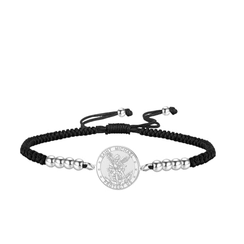 TEAMER Pulsera de San Miguel con cuentas de cuerda de cera de San Miguel, pulsera de San Miguel, amuleto de arcángel, joyería religiosa para mujer, 20*20mm, Acero inoxidable, No es una piedra preciosa
