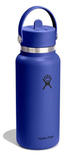 Image of Hydro Flask Water Bottle - Insulated Stainless Steel - Wide Mouth Flex Straw Lid, Non Spill, Leakproof and Refillable in 32 Oz Capri Blue