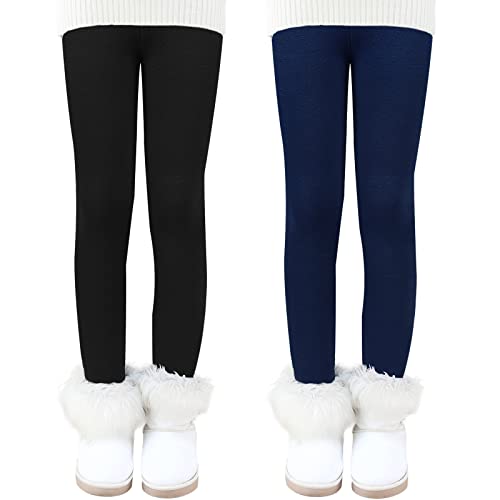 Auranso Thermo Leggings Mädchen Kinder Warme Gefüttert Leggings Winter Thermohose 2er Pack Schwarz/Marineblau 146-152