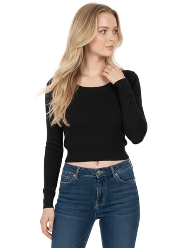 Image of Women's Crop Top Stretch Sweater - Long Sleeve Slim Bodycon Crewneck Casual Basic Solid Cropped Knit Pullover Top