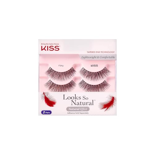 Kiss Looks So Natural False Eyelashes Double Pack, Lightweight & Comfortable, Tapered End Technology, Reusable, Cruelty-Free, Contact Lens Friendly, Style 'Flir', 4 Count (Pack of 1) Fake Eyelashes