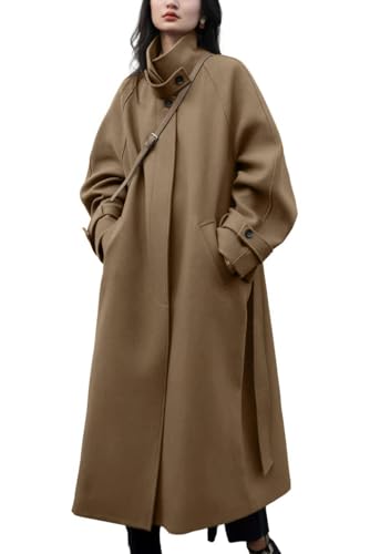 chouyatou Women's Winter Hidden Single Breasted Wool Coat Raglan Sleeve Business Long Wool Overcoat