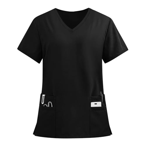 Image of FONMA Scrub Tops Women Plus Size Stretchy V-Neck Scrub Shirts with 4 Pockets Breathable Short Sleeve Nurse Uniforms