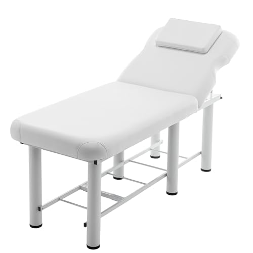 HiHomely Professional Massage Table with Adjustable Backrest & Removable Headrest – Memory Foam Salon Bed, Bottom Shelf Storage, White – Ideal for Therapists & Spas