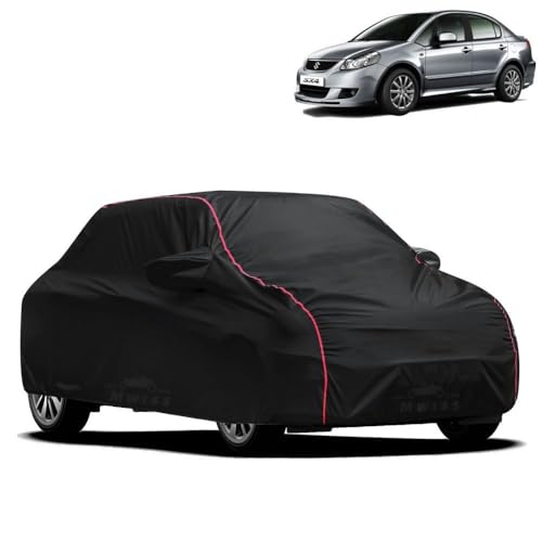 Image of Waterproof Car Cover for Maruti Suzuki SX4 | All-Weather Protection, Dustproof & UV Resistant | Triple Stitched Mirror Pockets, Windproof Buckle Strap with Elastic Hem, Black-Red Piping