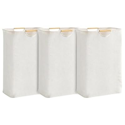 3-Pack 65L Collapsible Laundry Basket with Wooden Handles, Ideal for Tidying Clothes, Blankets and Toys,Laundry Hamper Perfect for Bedroom, Bathroom, and Living Room Organization (Solid Color Set)