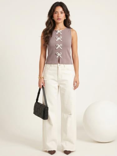 Image of Selvia Ribbed Bow Detail Sleeveless Crop Tops for Women Western