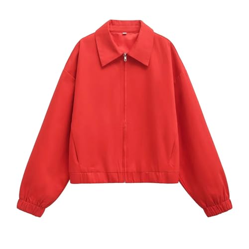 Women's Red Casual Loose Lapel Zipper Pocket Long Sleeve Jacket Coat Tops