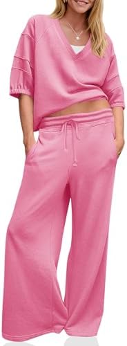 Fisoew Womens 2 Piece Outfits Casual V Neck Shirts Wide Leg Running Long Pants Loose Workout Tracksuit Sets