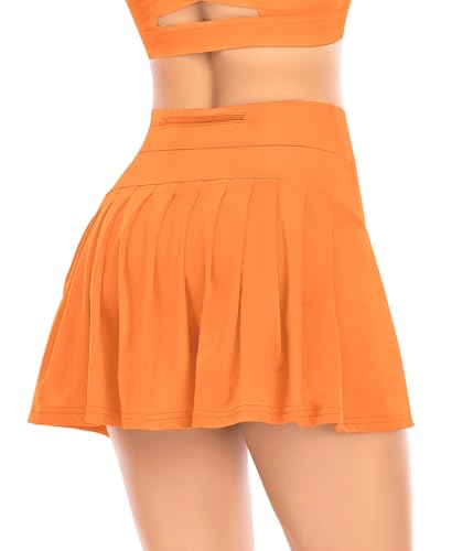 JoyGirl Tennisrock Damen mit Hose Faltenrock Hohe Taille Hosenrock Kurz Sport Golf Rock Workout Laufen Tennis Skirt mit Taschen (Orange XL)