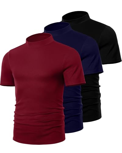 Ficerd 3 Pack Men's Mock Neck T Shirts, Cotton Short Sleeve Turtleneck Tee Shirts Slim Fit Basic Casual Solid Undershirt Tops2