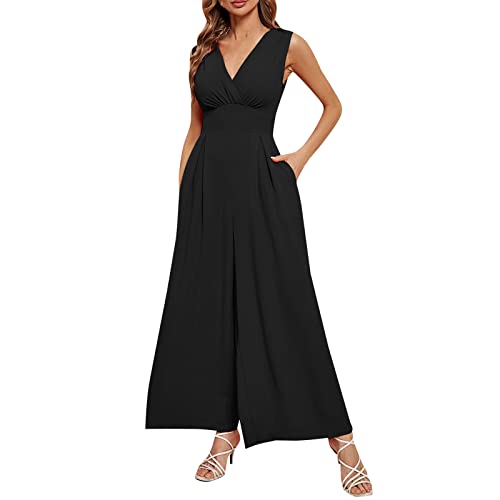 Combinaison Femme Élégant Jumpsuit Combi Longue Jambe Large Pantalon Cérémonie Longue Élégant Sans Manches Jumpsuit Couleur Unie Long Pantalon Salopette...