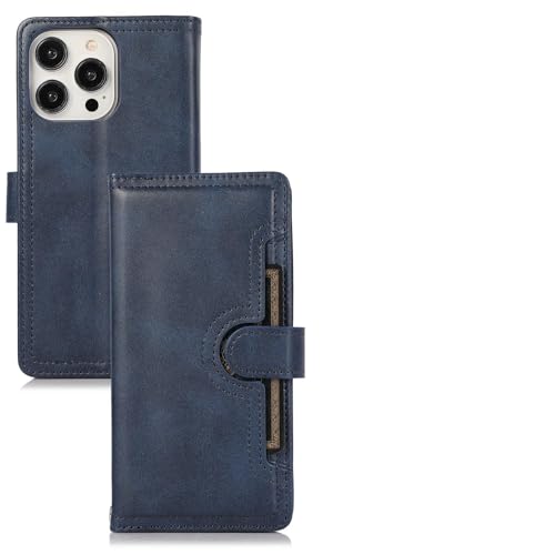 Étui iPhone 15 Pro Max en cuir bleu foncé doté de deux fentes cartes et sangle