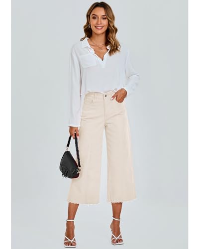 GRAPENT Jean Capris for Women Wide Leg Jeans High Waisted Seamed Front Raw Hem Denim Capri Pants Stretchy4