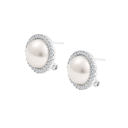Silver Plated Brass CZ Halo 12mm Simulated Pearl Stud Earrings with English Lock3