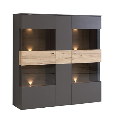 Newroom Vitrine Grau und Planked Eiche Vitrinenschrank Modern - 149,8x152,1x41,3 cm (BxHxT) - Glasvitrine Standvitrine Glasschrank - [Melvin.Four] Wohnzimmer Wohnstube