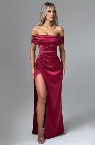 Satin Bridesmaid Dresses Off The Shoulder with Slit Women’s Long Ruched Bodycon Prom Dress 20253