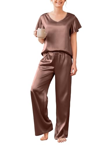 Image of Ekouaer Women's Satin Silky Pajama Set 2 Piece Short Sleeve Shirt with Long Pants Pjs Sets Soft PJ Loungewear S-XXL
