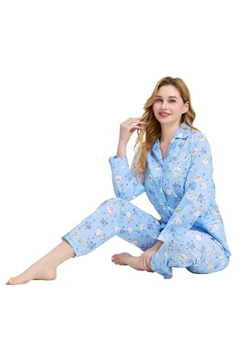 Image of GLOBAL Women Cotton Pajamas Long Sleeve PJs Button Down Sleepwear S-3XL