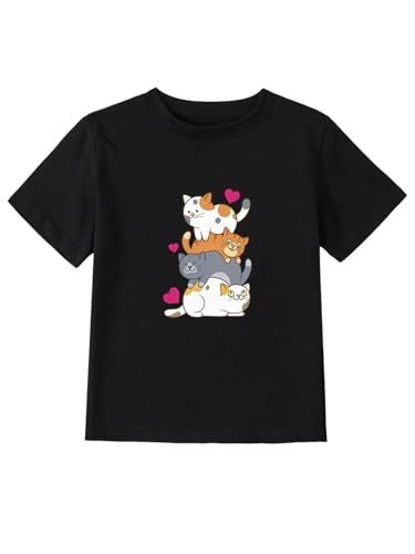 Image of Girl's Cute Cat Graphic T-Shirts Funny Animal Lover Black