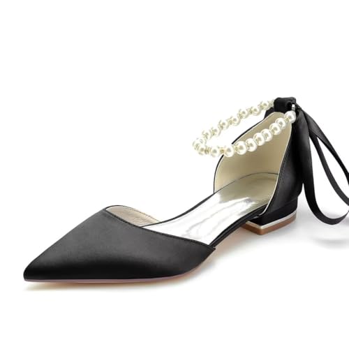 Image of Women's Bride Ballet Flats Satin Pointed Toe Pearl Ankle Strap Shoes | Satin Pointed Toe Flats; Pearl Ankle Strap Wedding Shoes